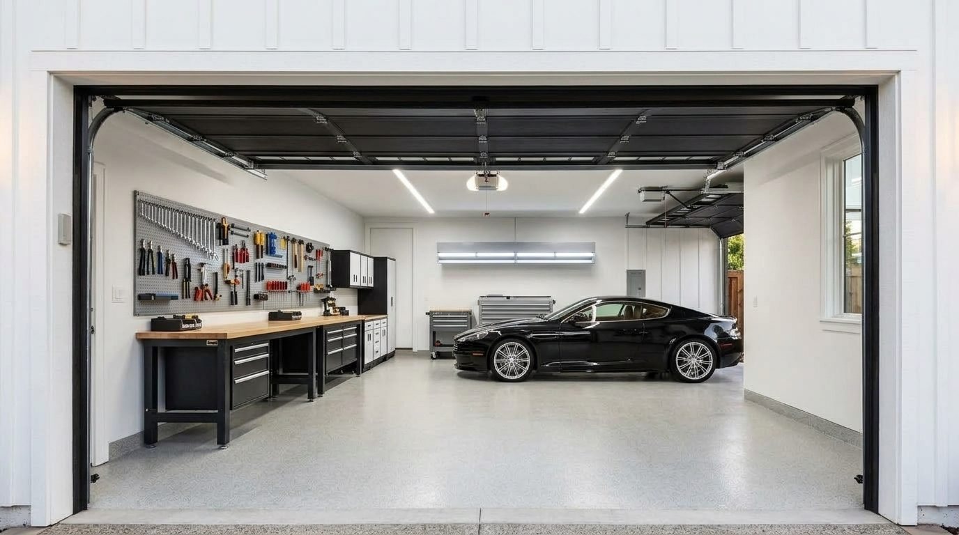Harris Direct Garage Door Interior View of Custom Garage Door Overhead and Workshop